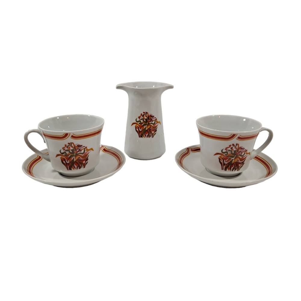 Naaman Creamer Cups Saucers Set Fine Porcelain Couple Dancers Israel Floral